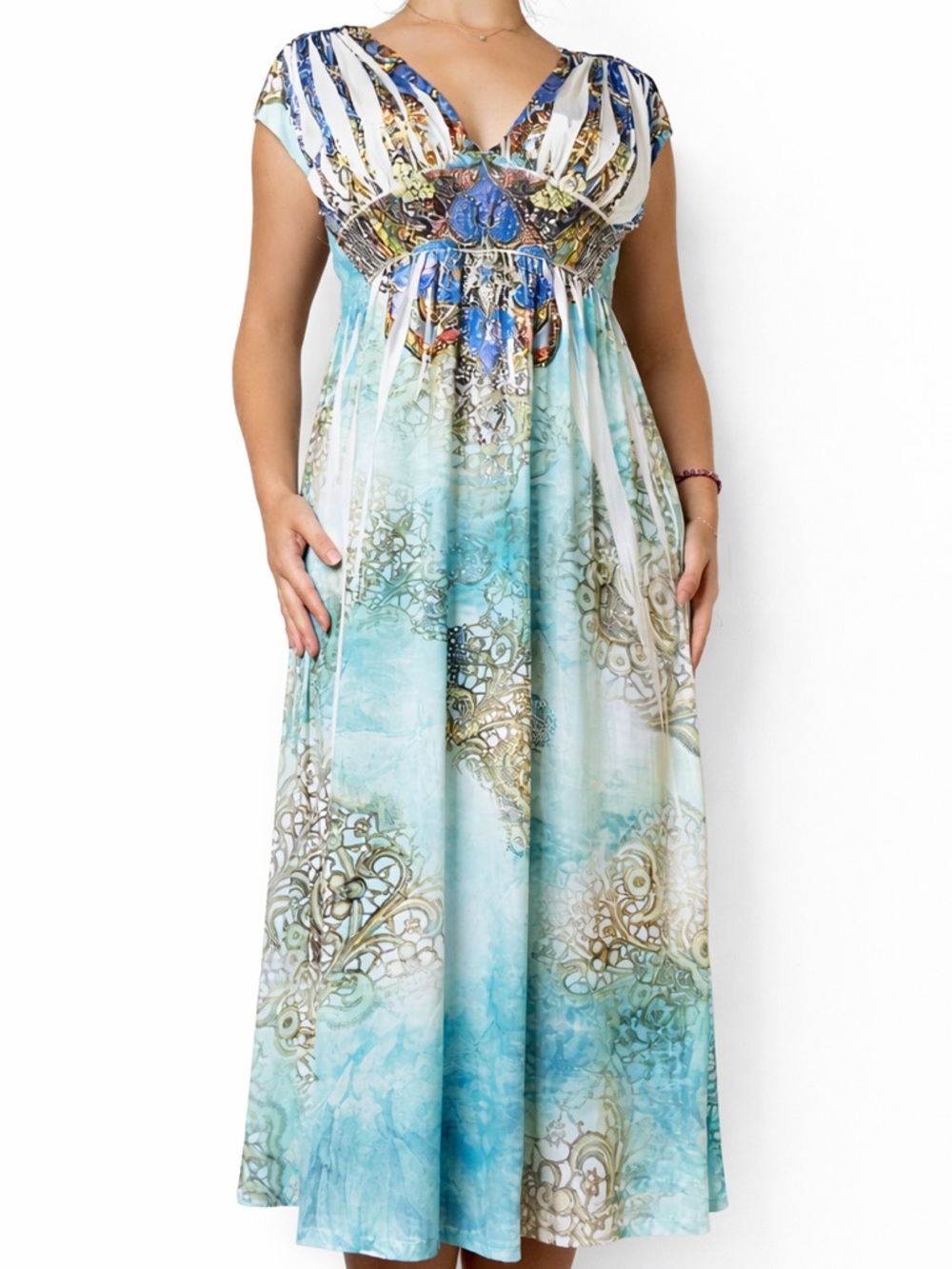 Cristina Love Rhinestone Mixed Pattern Country Teal Midi Dress Size Medium